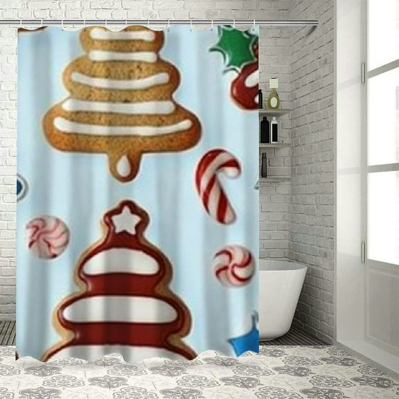 BCIG Biscuits Christmas Tree Candy Cane Bathroom Decoration Set With Hook, Colorful Luxury Calico Fashion Shower Curtain Set, Waterproof Home Bathtub Bathroom Curtain Decoration, Fit for Christmas,