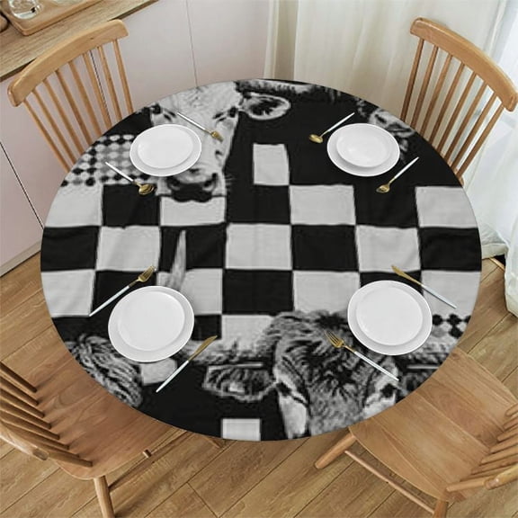 BCIG Plaid Background Cow & Buffalo Head Round Table and Chair Cover Stain resistant and washable Suitable for indoor and outdoor tablecloths, kitchens, dining rooms, available in a variety of sizes