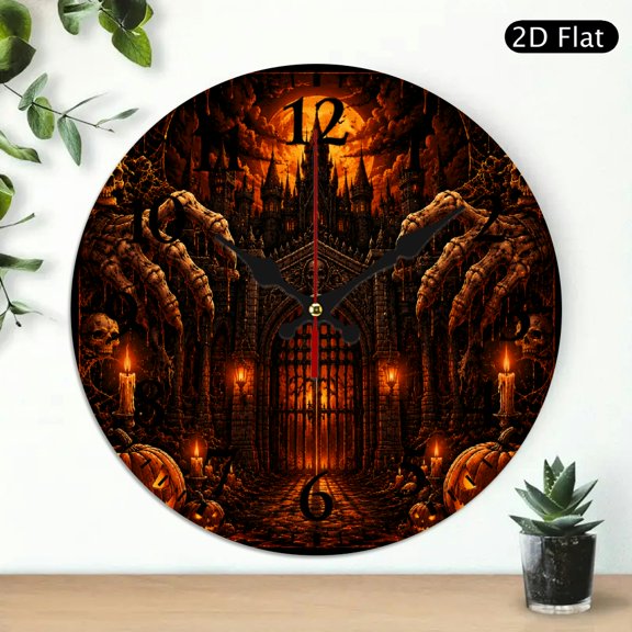 BCIIG 10 inch Round Wooden Wall Clock for Home Decor, Castle Gate Skull Pumpkin Art Print, Wall hanging decor Silent Mechanical Movement - Perfect for Decorating Living Rooms