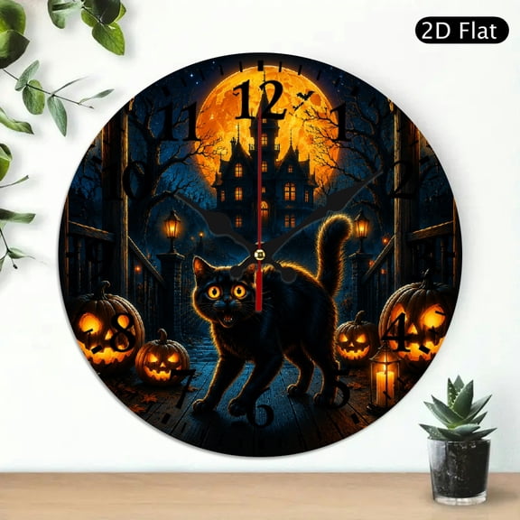 BCIIG 1pc Black Cat Porch Haunted House View Theme Round Wooden Wall Clock for Home Decor, 10 inch Round Wooden Wall Clock Perfect for Decorating Living Rooms, Kitchens, Dorms