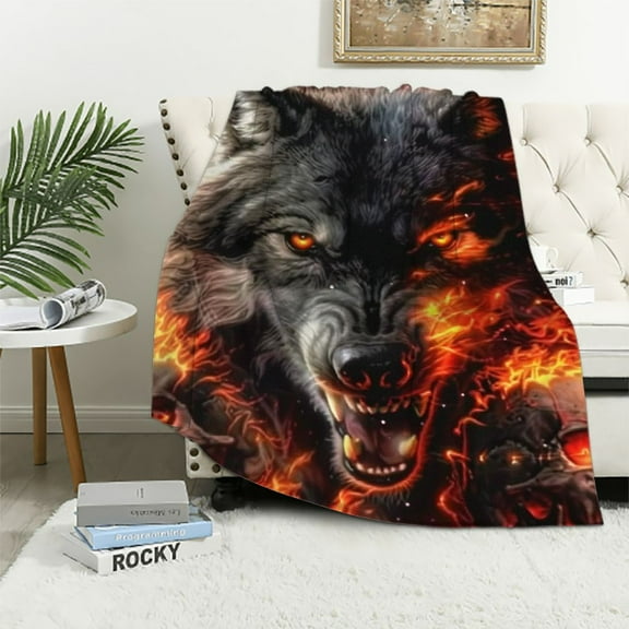 BCIIG 3D Howling Wolf Blanket Fleece Sherpa Blanket,Fire Skull Goth Bedding Blanket for Boys Girls,Ferocious Animal Theme Throw Blanket,Soft Cozy Blanket 60x80in