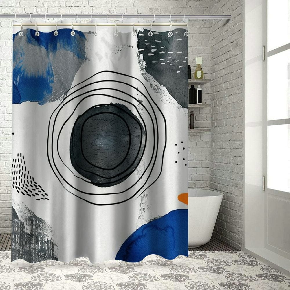 Bciig Abstract Shower Curtain Grey And Blue Blocks Lines Dots Modern