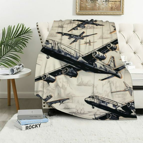 BCIIG Airplane Kids Throw Blanket,American Aircraft Retro Bed Blanket for Girls Boys Adults,Air Vehicles Airplane Fleece Blanket,Black White Chic Fuzzy Blanket, 40x50in