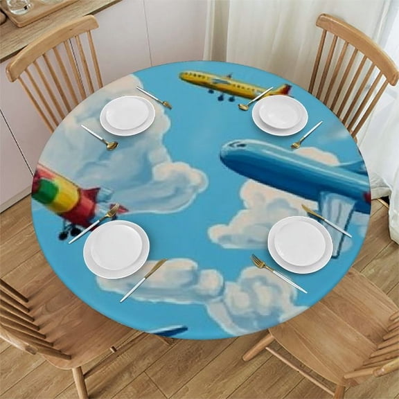 BCIIG Airplanes Clouds Blue Sky Round Tablecloth - Stain-Resistant and Washable - Ideal for Indoor and Outdoor Use - 100% Polyester Table Cover Waterproof 54"-58