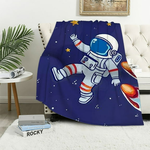 BCIIG American Astronaut Kids Throw Blanket,Starry Sky Galaxy Outer Space Bed Blanket for Boys Girls Adults,Cartoon Planet Rocket Fleece Blanket,Blue Cute Fuzzy Blanket,  40x50in
