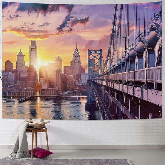 BCIIG American Tapestry, Philadelphia under a Sunset Train on Vibrant Bridge Skyscrapers Landscape, Wide Wall Hanging for Bedroom Living Room Dorm, Blue Purple