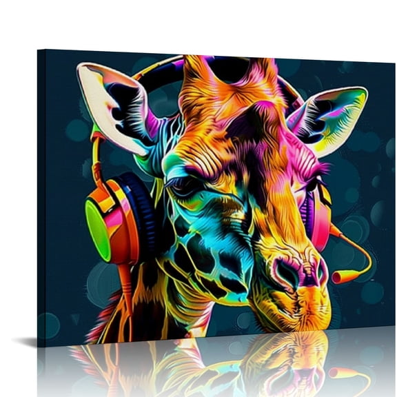 BCIIG   Animal Graffiti Wall Art Giraffe with Headphone Canvas Painting Colorful Animal Art Print Funny Music Artwork for Nursery Kids Room  16x12in