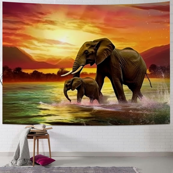 BCIIG Animal Theme Tapestry Safari Art, Africa Elephant and Baby Playing in Ocean at Sunrise Nature Designs Tapestry, Wall Art Hanging for Bedroom Living Room Dorm Wall Blankets Home Decor 40x30inch