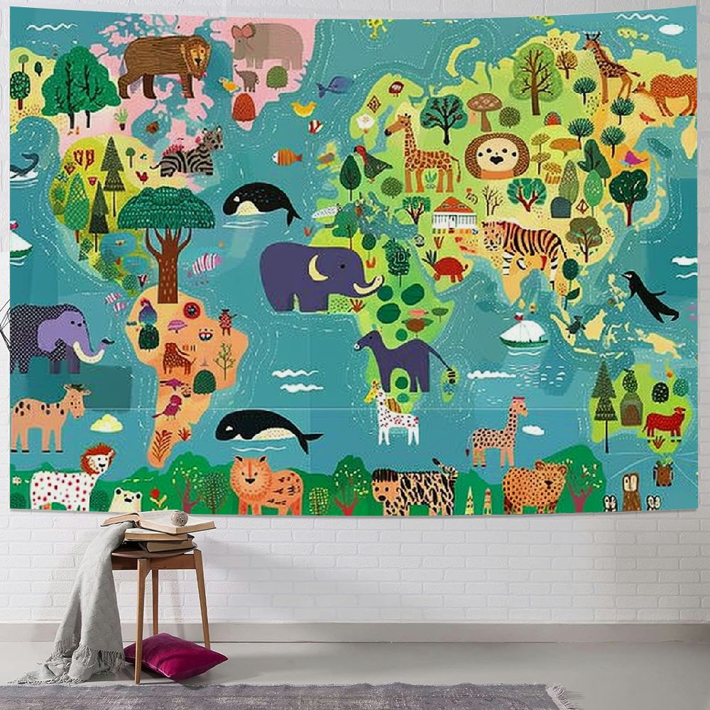 BCIIG Animal World Map Wall Hanging Tapestry Tiger Octopus Elephant Panda Lion Penguin Bear