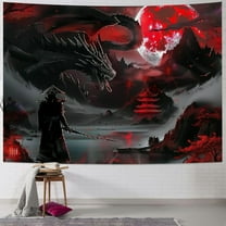 BCIIG Anime Samurai Tapestry, Cool Red and Black Medieval Fantasy Dragon Tapestry Wall Hanging for Men, Mountain Forest Nature Sunset Dark Asia Japanese Tapestries Aesthetic for Living Room College,