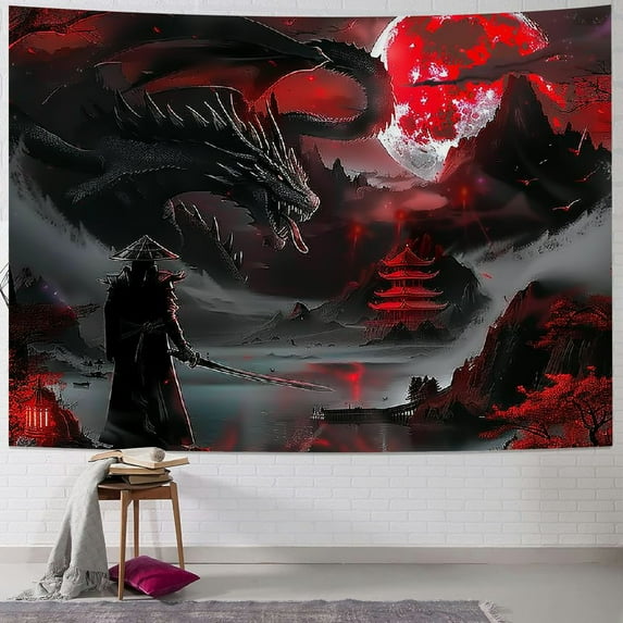 BCIIG Anime Samurai Tapestry, Cool Red and Black Medieval Fantasy Dragon Tapestry Wall Hanging for Men, Mountain Forest Nature Sunset Dark Asia Japanese Tapestries Aesthetic for Living Room College,