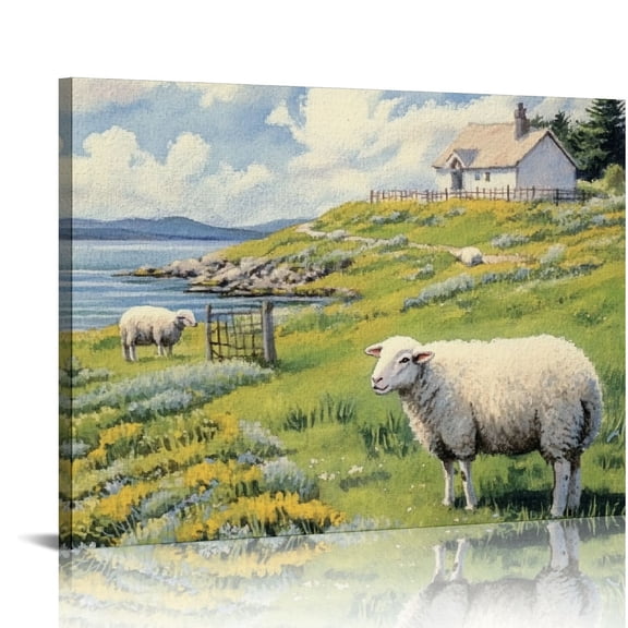 BCIIG Aran Islands Watercolor Landscape Painting, Thatched Cottage and Sheep Wall Art - Ireland 16x12in