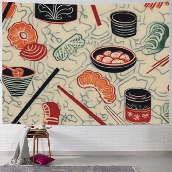 BCIIG Asian Food Chopsticks Pattern Tapestry Wall Hanging Unique Style for Home Decor, Soft Lightweight Fabric, Vivid Colors, 4 Sizes Available 40x30inch