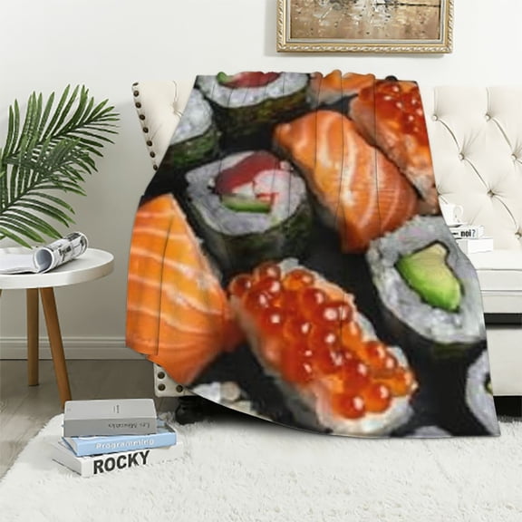 BCIIG Assorted Sushi Pattern Blanket Japanese Style Fleece Blanket for Bed Couch Sofa Kawaii Food Throw Blanket for Sushi Lovers Salmon Roll Room Decor Gifts Travel Picnic All Season Adults 60x80in