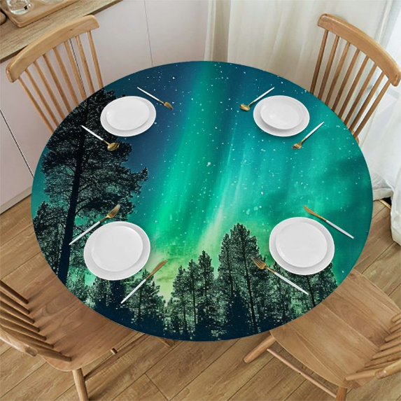 BCIIG Aurora Borealis Forest Space Art Round Table Cover Stain Resistant Washable Indoor Outdoor Tablecloth Kitchen Dining Wedding Parties Waterproof Fabric 100% Polyester 31-35