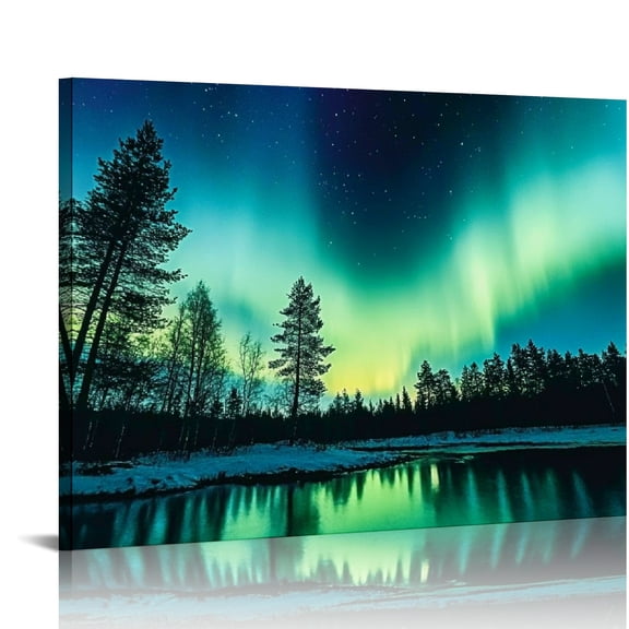 BCIIG Aurora Borealis Lake Forest Art Modern Canvas Prints Living Room Bedroom Office Wall Decor 16x12in