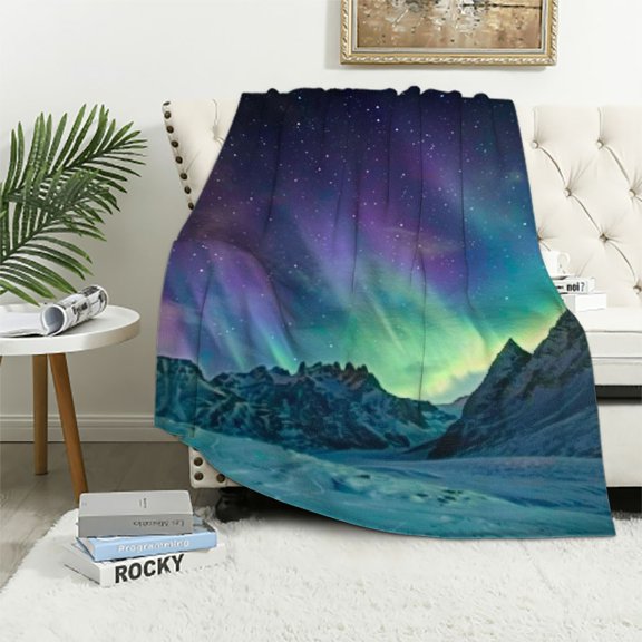 BCIIG Aurora Borealis Mountain Range Night Sky Warm Lightweight Blanket Soft Fleece Throw Blanket Living Rooms Sofa Decor All Seasons Plush Blankets Cow Gifts 60x80in