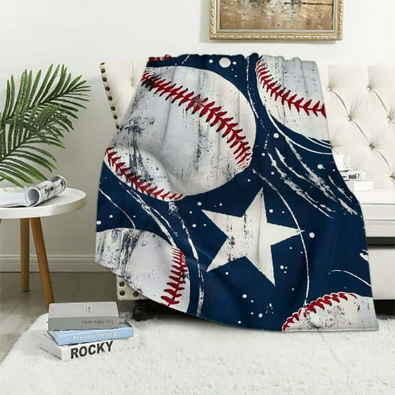 BCIIG Baseball Throw Blanket Gifts for Boys, Blue Baseball Soft Cozy Plush Flannel Blanket for Kids Bedroom, Baseball Sport Fleece Fuzzy Blanket with Stars for Toddler Couch Bed Sofa Decor White