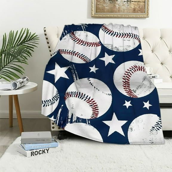 BCIIG Baseball Throw Blanket Gifts for Boys, Blue Baseball Soft Cozy Plush Flannel Blanket for Kids Bedroom, Baseball Sport Fleece Fuzzy Blanket with Stars for Toddler Couch Bed Sofa Decor 50x60in