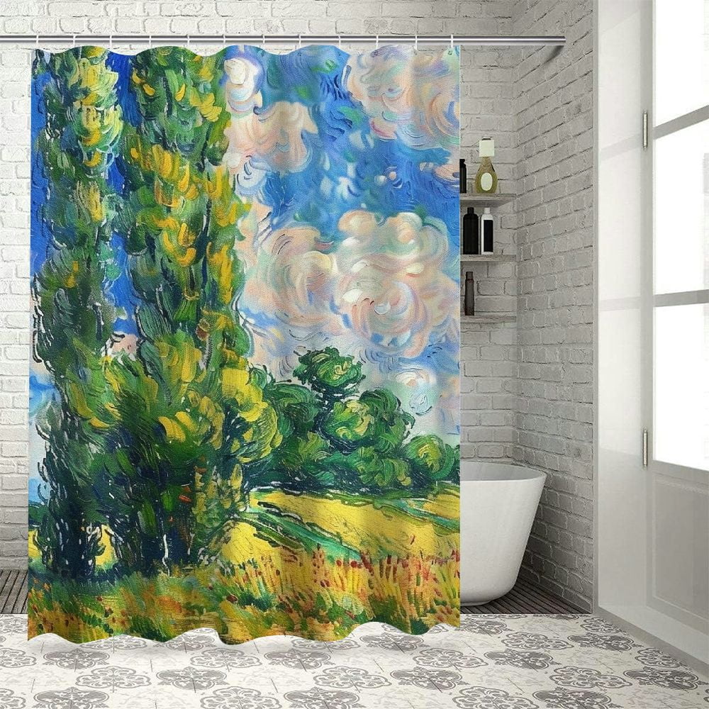 BCIIG Bathroom Shower Curtain Set with Hooks,Wheat Field with Cypresses