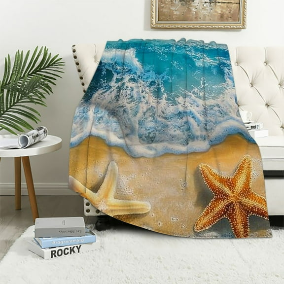 BCIIG Beach Starfish  Throw Blanket Sea Wave Plush Blanket for Sofa Couch Bed Ocean Marine Themed Blanket Sea Animals Print Breathable Fuzzy Blanket Room Decor  40x50in