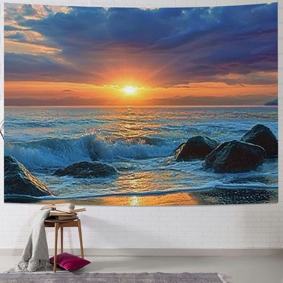 BCIIG Beach Tapestry, Sunset Scenery in Beach with Rocks and Waves Lonely Peace Morning Dream Earth, Wide Wall Hanging for Bedroom Living Room Dorm 50x40inch