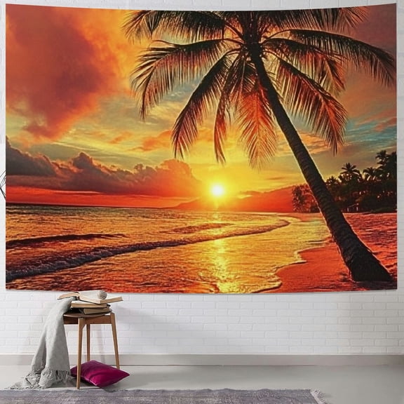 BCIIG Beach Tapestry Twin Size, Sunset at The Calm Beach with Palms Exotic Caribbean Island Barbados Scenic View, Wall Hanging Cover Wall Decor, Twin Size 40x60inch