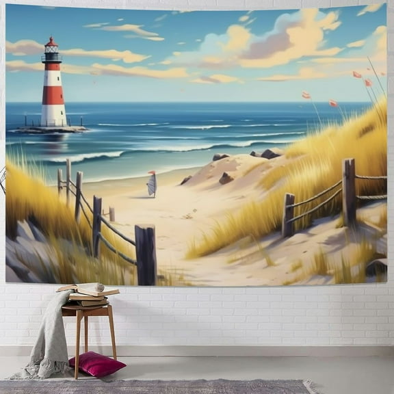 BCIIG Beach Tapestry,Wooden Boat Lighthouse Wall Hanging Art Kids Boys Girls Home Room Decor,Coastal Scenery Nautical Wall Blanket,Weed Botanical Hawaii Beach Porch Hangings 60x50inch