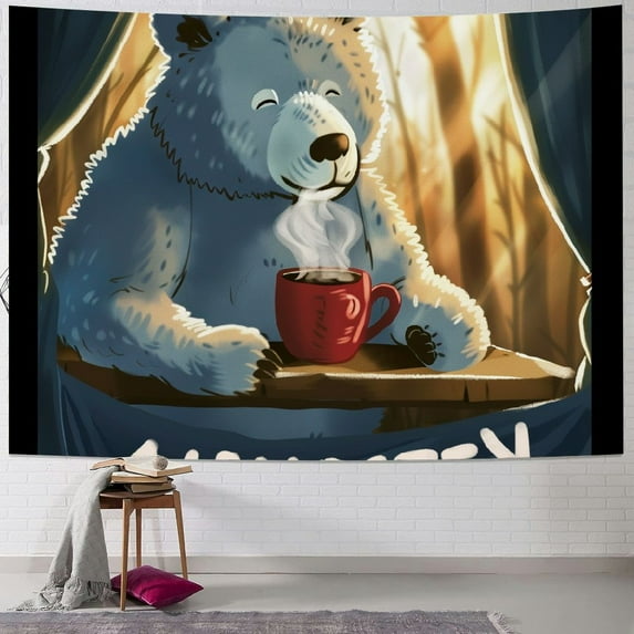 BCIIG Bear Coffee Morning Tapestry Wall Hanging Unique Style Graphic Tapestries Home Wall Decor Art for Living Room Bedroom Apartment Farmhouse Dorm 60x50inch