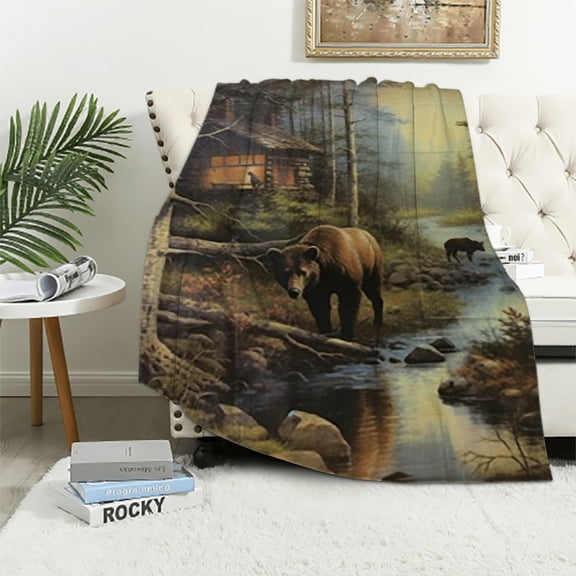BCIIG Bear Forest Stream Warm Lightweight Fleece Throw Blanket Soft Blanket for Living Room Sofa Decor Cow Gifts All Seasons Blanket 50x60in