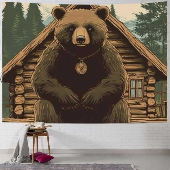 BCIIG Bear Trees Log Cabin Tapestry Wall Hanging Unique Style Graphic Tapestries for Home Wall Decor Art Living Room Bedroom Farmhouse Dorm Decoration 50x40inch