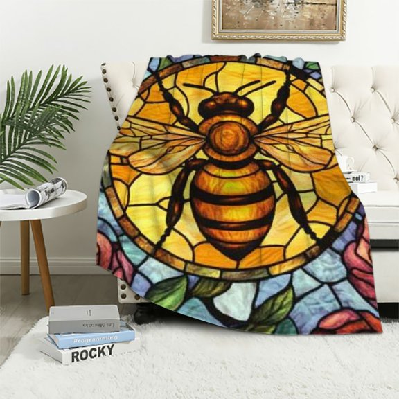BCIIG Bee Blanket for Adults Kids Bee Blanket Gifts Flannel Stained-Glass Bee Yellow Rose Throw Blanket for Bed Living Room Sofa Couch Soft Warm Lightweight Cozy Bee Decor 60x80in