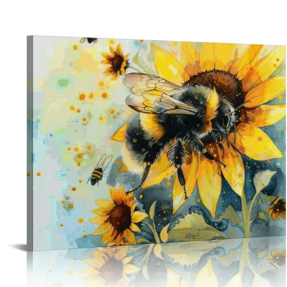 BCIIG Bee Canvas Wall Art Bee with Daisy Flower Picture Prints Watercolor Honey Bee Wildflower Poster Nature Insect Artwork Home Wall Decor 16x12in