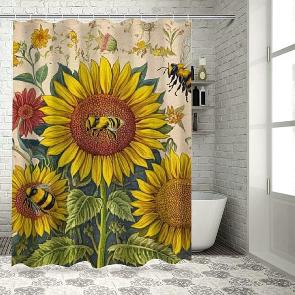 BCIIG Bee Sunflowers Shower Curtain Set with Hooks for Bathroom 36"x72