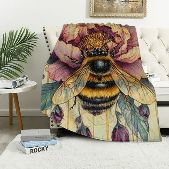 BCIIG Bee and Blossom Beauty: Soft Flannel Blanket with Vibrant Purple Floral and Bumblebee Design, 40x50in