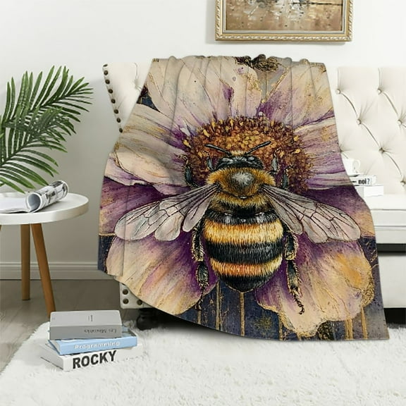BCIIG Bee and Blossom Beauty: Soft Flannel Blanket with Vibrant Purple Floral and Bumblebee Design 40x50in