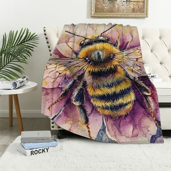 BCIIG Bee and Blossom Beauty: Soft Flannel Blanket with Vibrant Purple Floral and Bumblebee Design, 40x50in