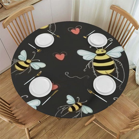 BCIIG Bees Hearts Silk Screen Round Table Cover, Stain Resistant & Washable, Perfect for Indoor, Outdoor, Kitchen, Dining, Wedding, Parties - Waterproof Fabric 100% Polyester 31"-35