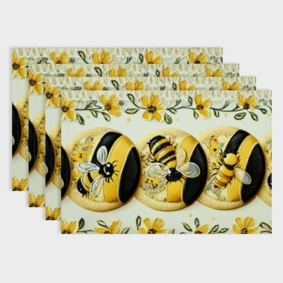 BCIIG Bees Summer Placemats Set of Washable Table Mats for Kitchen Dining Table, Heat-Resistant Cotton Linen Place Mats for Indoor Outdoor Parties Holiday Decoration, Honey Stripes Yellow 18x12in