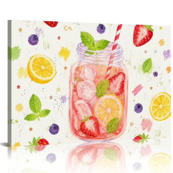 BCIIG Berry Lemon Soda Jar Doodle Pattern HD Print Framed Canvas Wall Art, Wall Art, Ready An Excellent Gift Choice Suitable For Living Room Bedroom Kitchen Classroom Studio Family