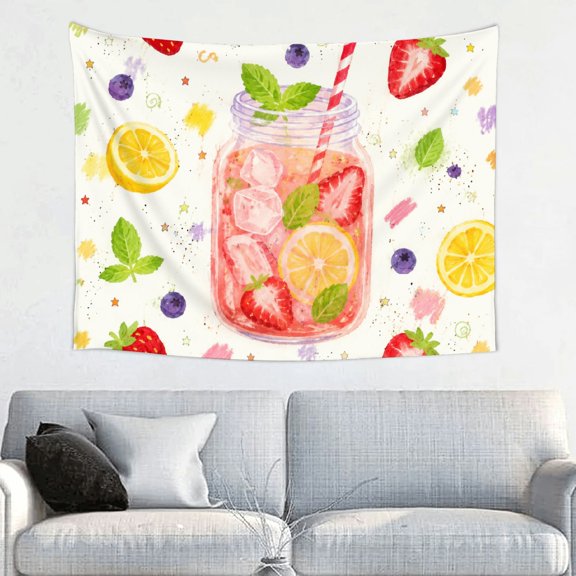 BCIIG Berry Lemon Soda Jar Doodle Pattern Polyester Print Wall Hanging Tapesties , 100% Polyester Tapestry, Polyester Print Wall Hanging Tapesties Bedroom Dorm Living Room, Aesthetic Home