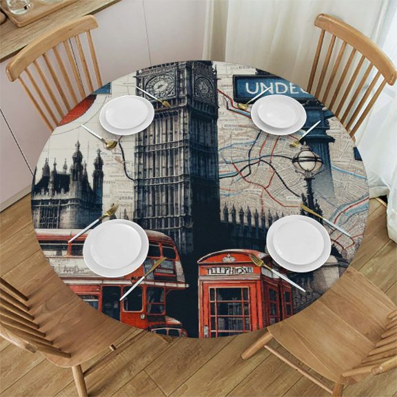 BCIIG Big Ben Red Double-Decker Bus Red Telephone Box Round Table Cover Stain Resistant Washable Indoor Outdoor Tablecloth Kitchen Dining Wedding Parties 100% Polyester Fiber 31-35
