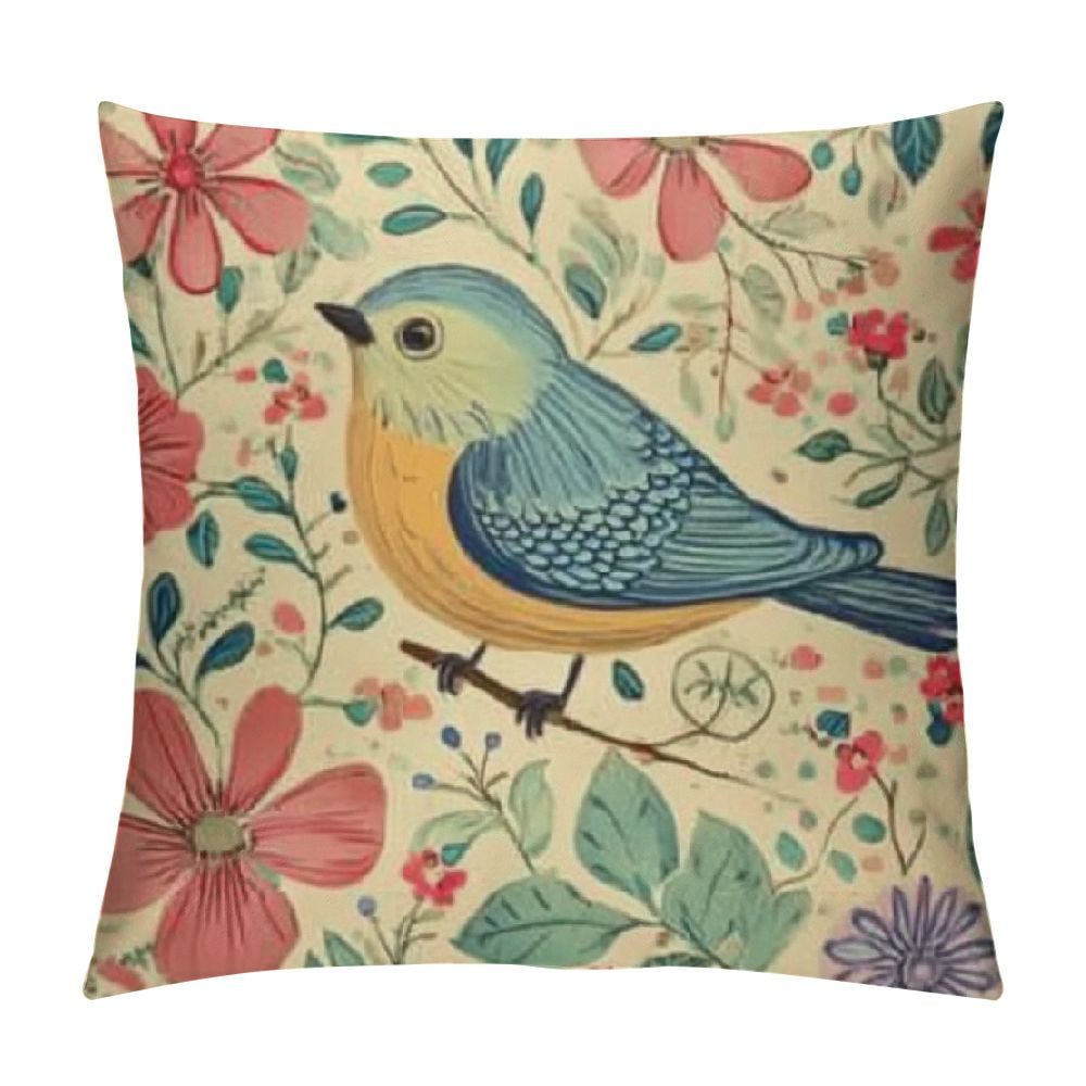 BCIIG Bird Flowers Leaves Graphic Decorative Throw Pillow Cover for