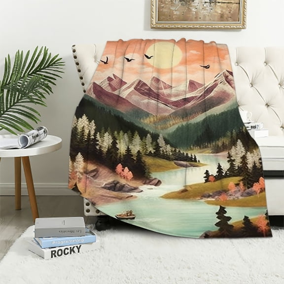 BCIIG Bird Mountain River Warm Lightweight Fleece Throw Blanket Soft Plush Blankets for All Seasons, Living Rooms Sofa Decor, Cow Gifts Blanket, Exquisite Gifts, Multiple Sizes 40x50in