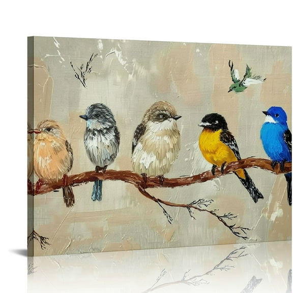 BCIIG Birds Canvas Wall Art Flock of Colorful Birds Stood on Branch Pictures Wild Animal Painting Vintage Prints Minimalism Artwork for Living Room Home Decor 16x12in