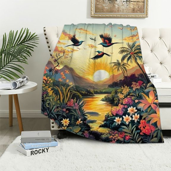 BCIIG Birds Flowers Sunset Warm Lightweight Blanket Soft Fleece Throw Blanket - All Seasons Sofa Decor Gift 40x50in