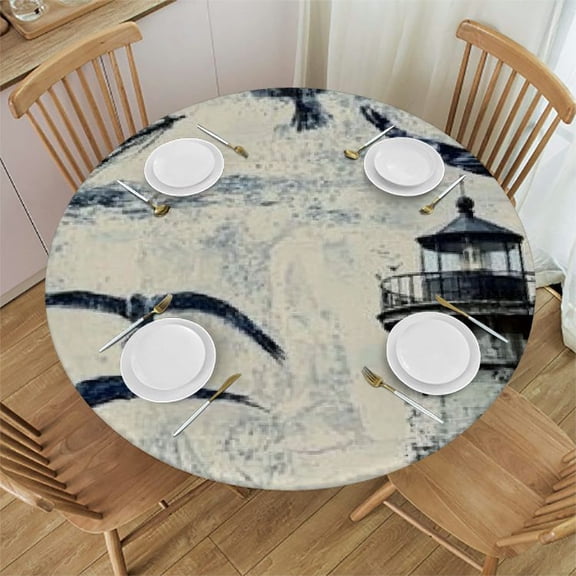 BCIIG Birds Lighthouse Ships Round Tablecloth Stain-Resistant Washable Indoor Outdoor Table Cloth Ideal for Restaurants Weddings Parties Fitted Various Sizes 54"-58