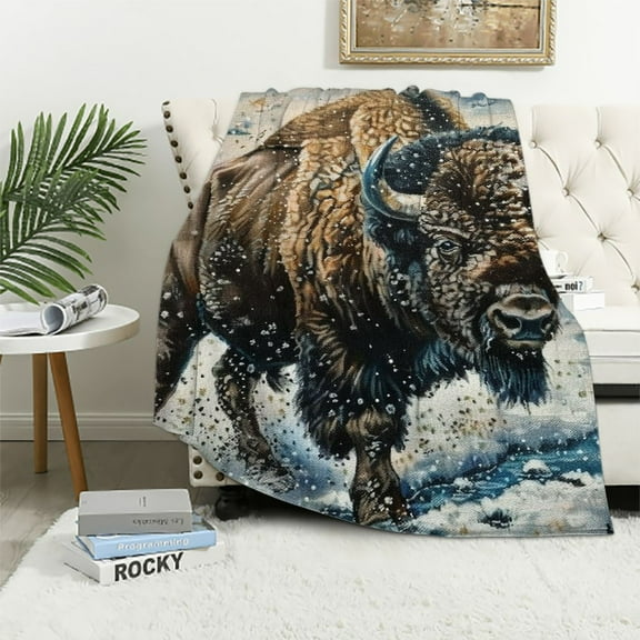BCIIG Bison Snow Water Warm Lightweight Blanket Soft Fleece Blankets Throw Living Rooms Sofa Decor Cow Gifts All Seasons 50x60in