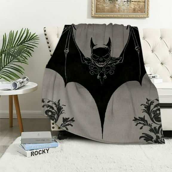 BCIIG Black Bat Flannel Blanket,Halloween Theme Animals Blankets,Grey Damask Floral Print Blanket for Kids Boys Girls Room Decor,Gothic Baroque Style  Blanket,for Chair/Sofa 40x50in