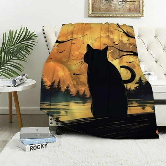 BCIIG Black Cat Blanket Moon Star Retro Theme Cat Print Blanket for Mom Girls Women Flannel Soft Warm Cozy Fuzzy Throw Blankets for Bed Sofa Decor Valentine Day Gifts  40x50in